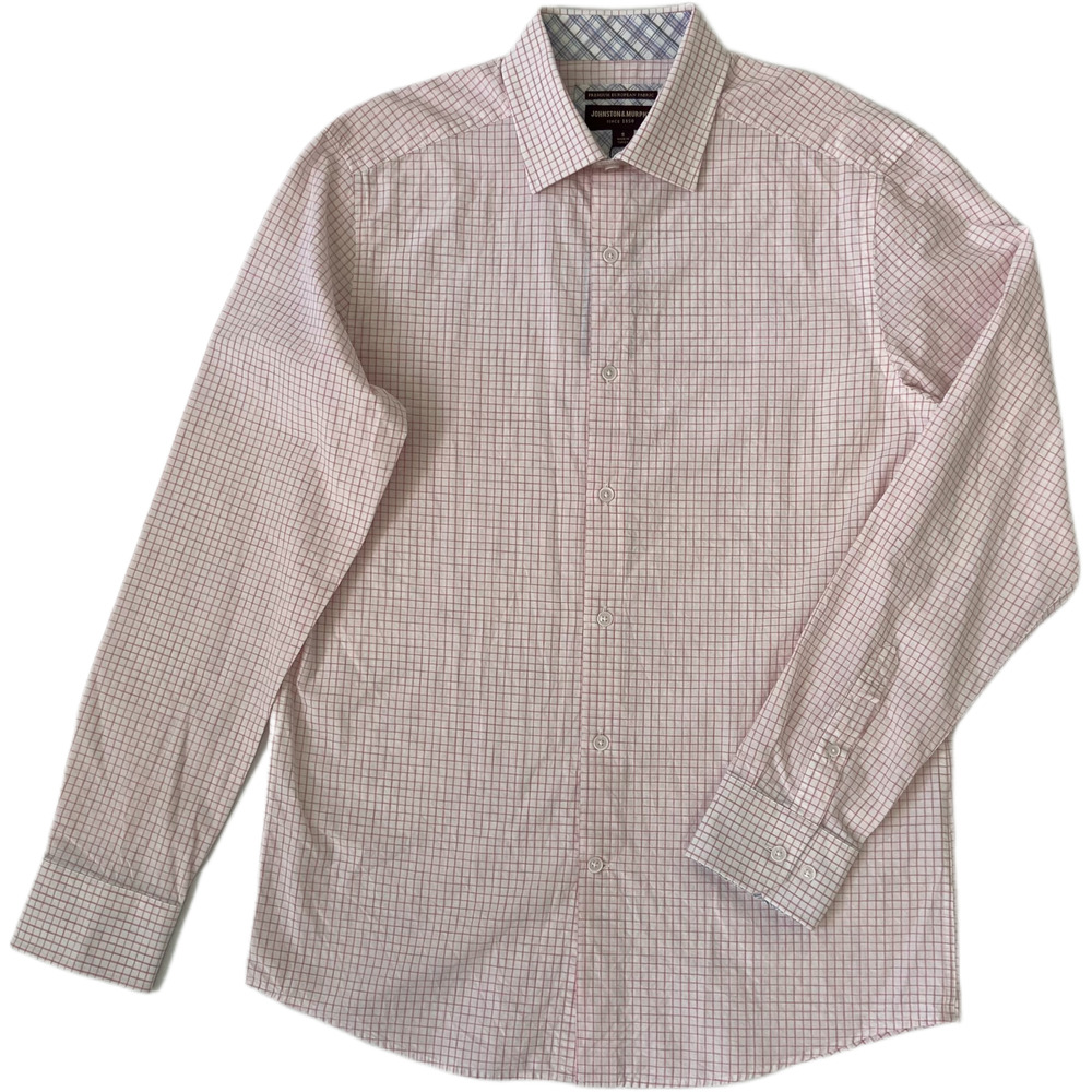 Johnston & Murphy Shirt Men's Small Button-Up Shirt Linen Blend Pink Check NEW